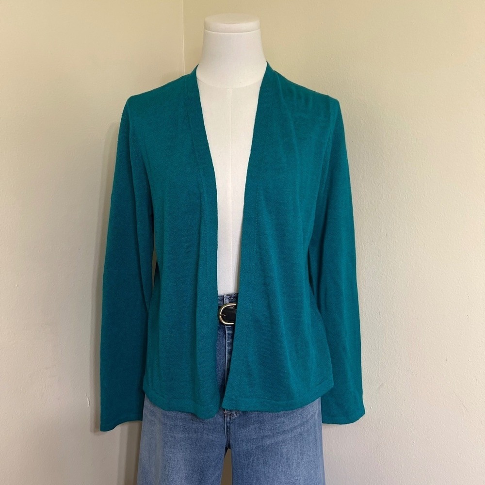J. Jill Teal Blue Linen Cotton Blend Open Front Cardigan Sweater XS